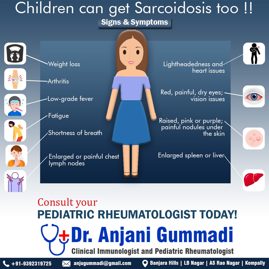Sarcoidosis is an inflammatory disease that affects multiple organs in the body, but mostly the lungs and lymph glands.
Call us: 9392319725
#rheumatology #healthcare #dranjani #pediatrics #pediatrician #rhematic #rhematicdisease  #sarcoidosis #sarcoidosisawareness #growingpains