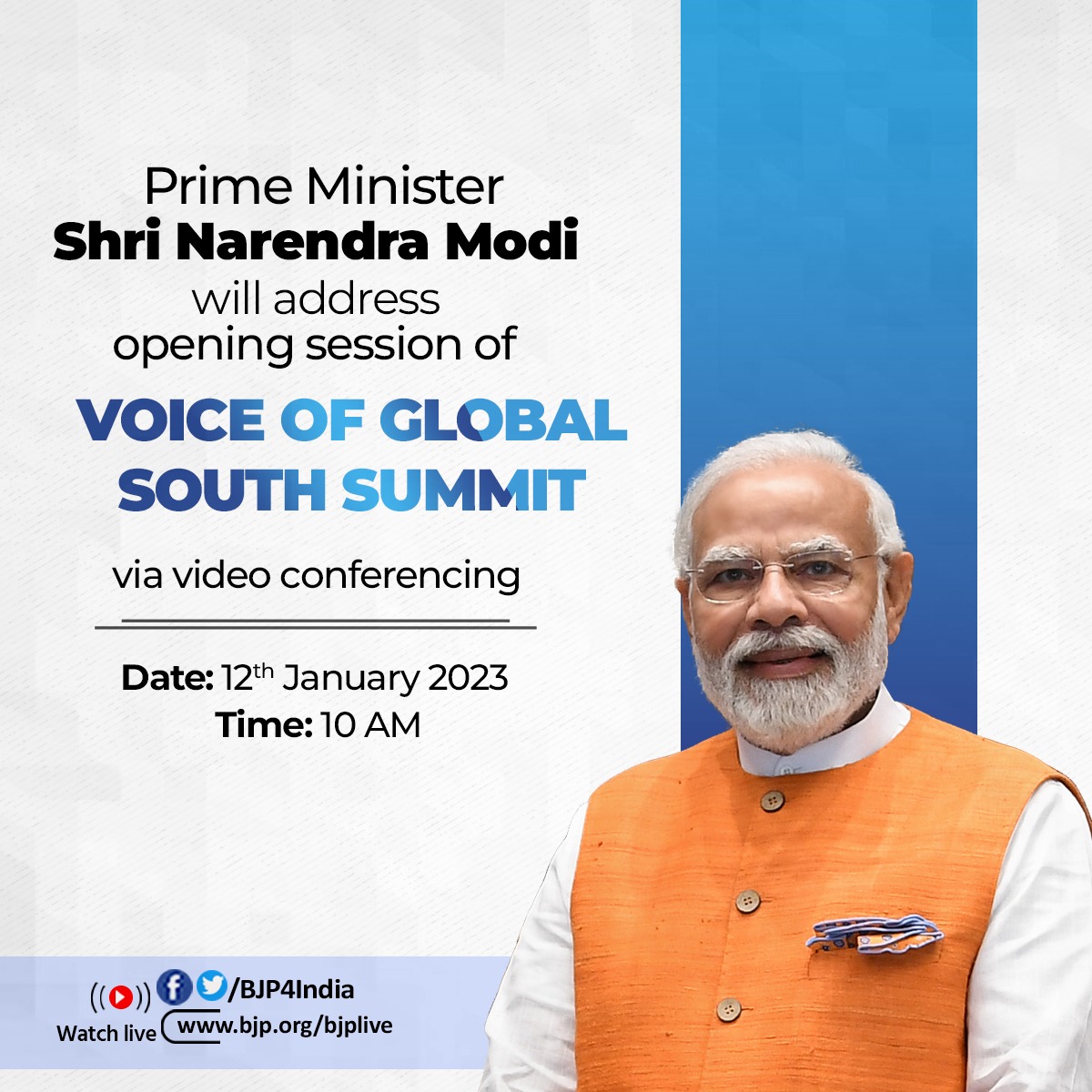 Bhargav Bhatt(Modi ka Parivar) (@bhargavbhattbjp) on Twitter photo Prime Minister Shri <a href="/narendramodi/">Narendra Modi</a> Ji will address the opening session of Voice of Global South Summit at 10 am tomorrow via video conferencing.
Watch live:
• x.com/BJP4India
• facebook.com/BJP4India
• youtube.com/BJP4India
• bjp.org/bjplive Prime Minister Shri <a href="/narendramodi/">Narendra Modi</a> Ji will address the opening session of Voice of Global South Summit at 10 am tomorrow via video conferencing.
Watch live:
• x.com/BJP4India
• facebook.com/BJP4India
• youtube.com/BJP4India
• bjp.org/bjplive