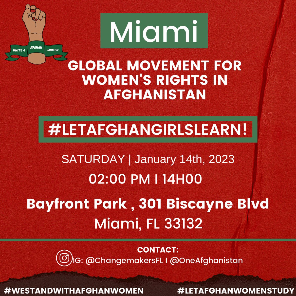 ChangemakersFL's tweet photo. 🚨 THIS SATURDAY 2PM-4PM 📢 Bayfront Park, 301 Biscayne Blvd, Miami, FL 33132

JOIN THE GLOBAL MOVEMENT FOR WOMEN’S RIGHTS IN AFGHANISTAN ❤️‍🔥🇦🇫🚺📚📢🪧

#letafghanwomenstudy #WeStandWithAfghanWomen 

Local leads
@changemakersfl @OneAfghanistan

#allornone #LetHerLearn #afghanistan https://t.co/xuO5saiKiy
