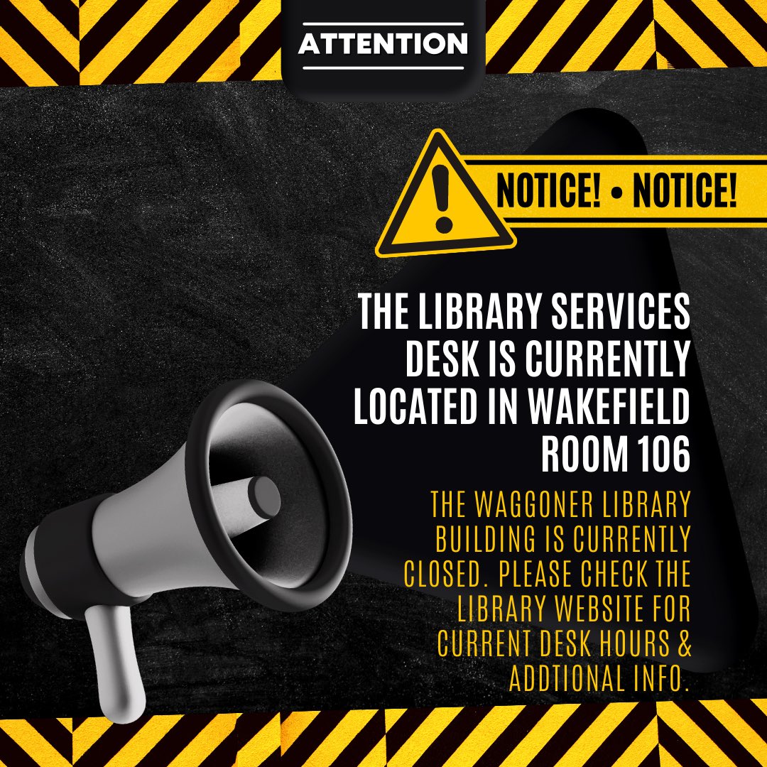 TNUWaggonerLibr's tweet photo. Need to return an item or something else in person? The library desk is currently in Wakefield 106 while the Waggoner building is closed due to water damage. PLEASE understand that due to the circumstances, library materials can only be returned in-person during office hours. https://t.co/ka3pn4fbV5