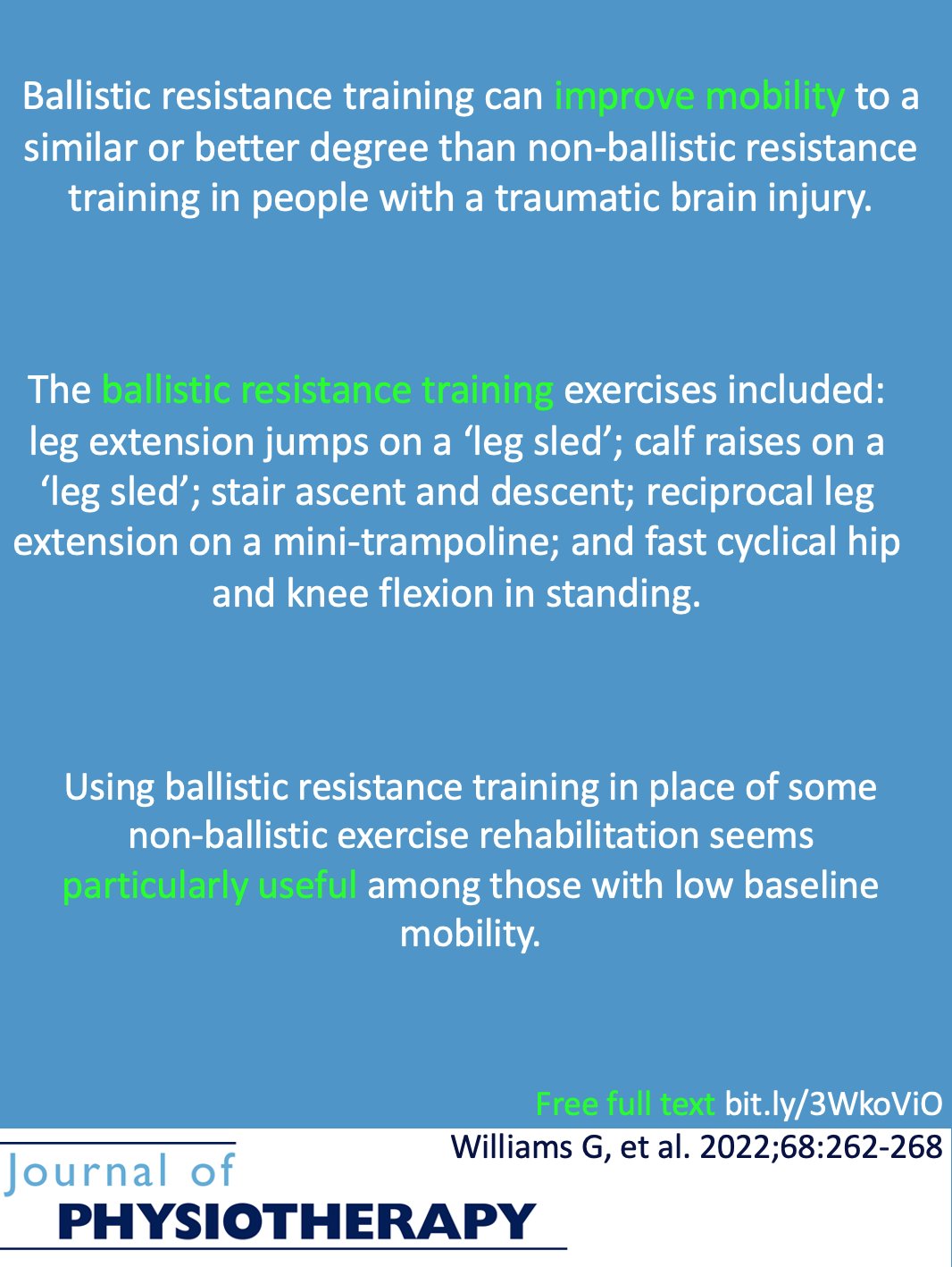 on X Ballistic resistance training has a similar or better effect on mobility than non ballistic exercise rehabilitation in people with a traumatic brain injury especially among those with low baselin...