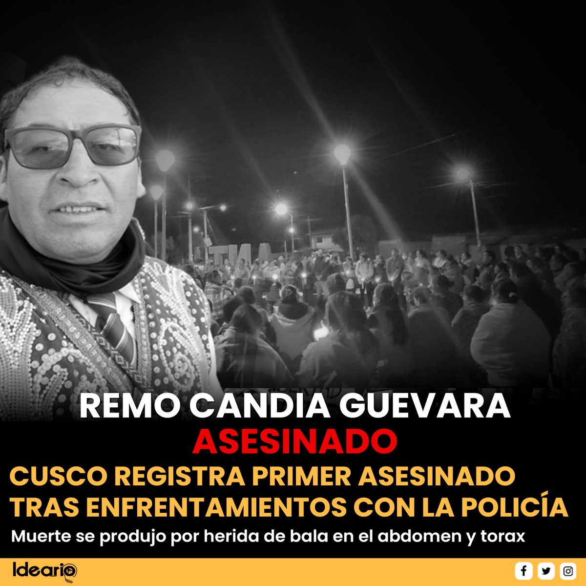 IdearioPe's tweet photo. 🔴 #LOÚLTIMO | Presidente de la comunidad campesina de Anta, Remo Candia Guevara,  fallece producto del impacto de proyectil que se incrustó en su tórax y abdomen durante las manifestaciones de este miércoles 11 de enero. https://t.co/HayoQLLyLy