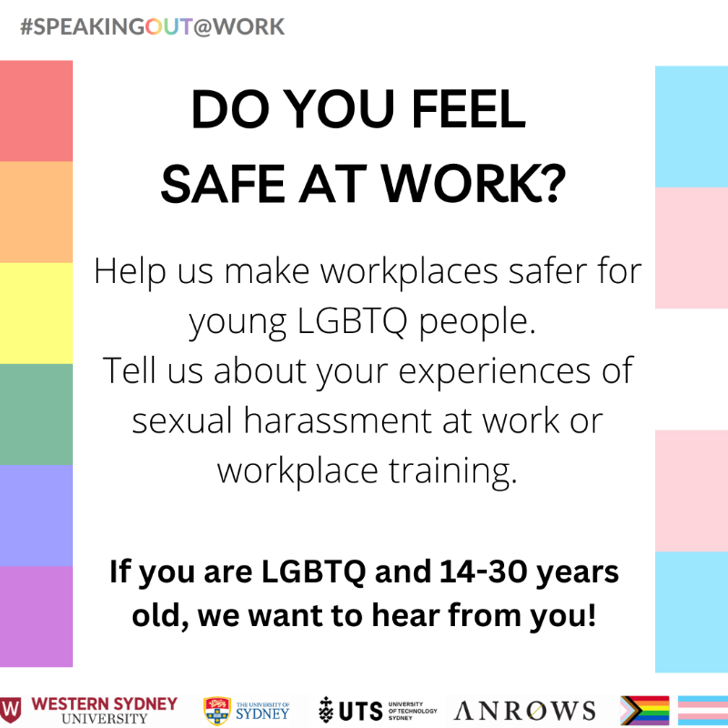 speakoutatwork's tweet photo. The #SpeakingOutAtWork study is an @ANROWS-funded research project exploring the sexual harassment of LGBTQ young people in the workplace &amp; workplace training. Click on the image to participate! 
@Kerryhrob @cristyn_davies @JaneUssher @drjackieullman @DrBrahm_Marjadi @paulibyron