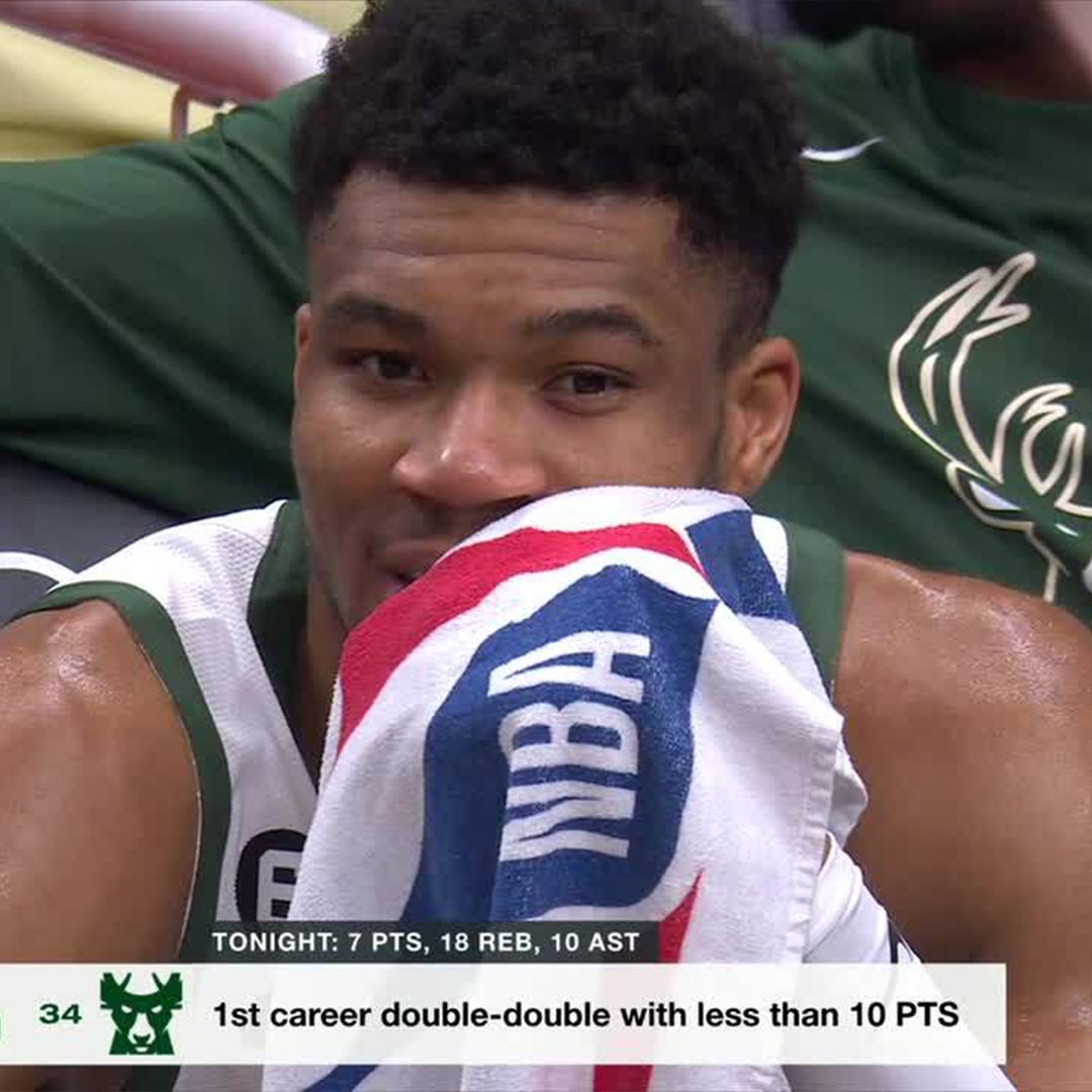 espn's tweet photo. Giannis scored 7 points and still had a double-double 🦌 https://t.co/ww29GS72nE