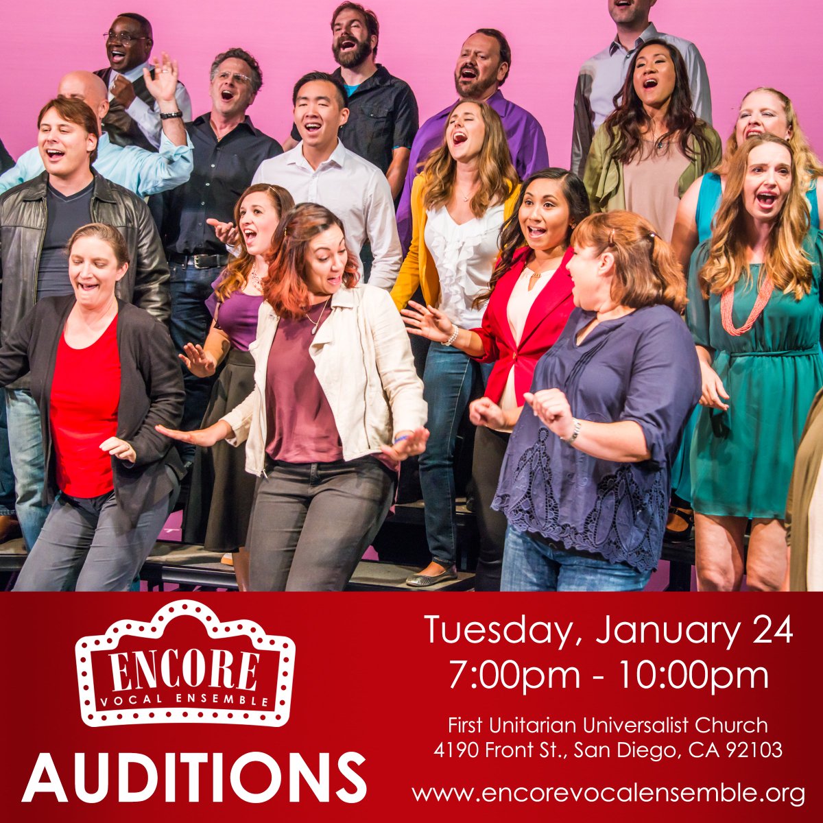 Attention #SanDiego #singers! Encore is holding auditions this month for our spring 2023 season! We're an 8-part choir that specializes in music from stage and screen, bringing fun and high-quality shows to the community.

Info: encorevocalensemble.org/auditions