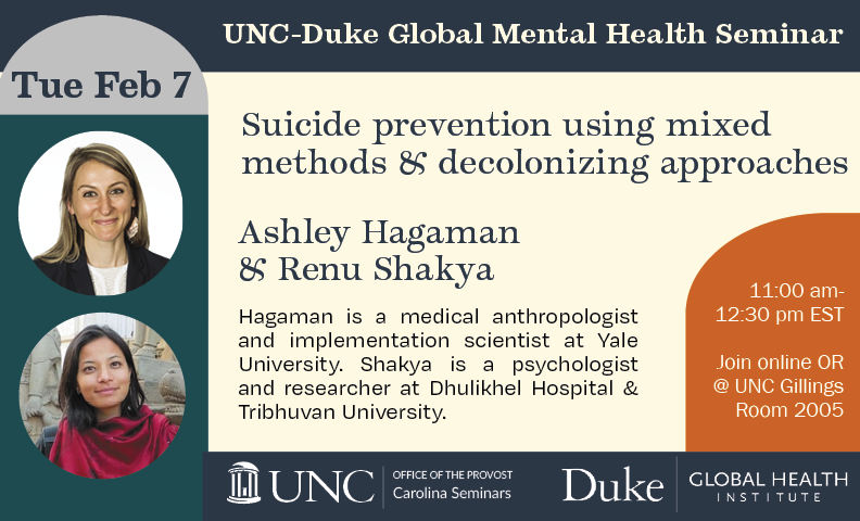 How can ethnography & qualitative data lend strength to #GlobalMentalHealth? 
On Feb 7th, #AshleyHagaman & #RenuShakya will describe their work to prevent suicide in Nepal. 
Register to join online or in-person: tinyurl.com/y54fpcmf