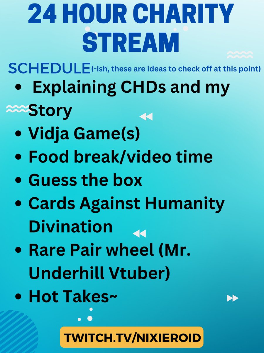 OKAY! I finally hammered out the important details <3
Please consider stopping by for my 24hr Charity stream next month!
We'll be supporting a @conqueringchd a charity near and dear to my *literal* heart as an adult CHD survivor
#vtuber #charitystream #ANNOUNCEMENT