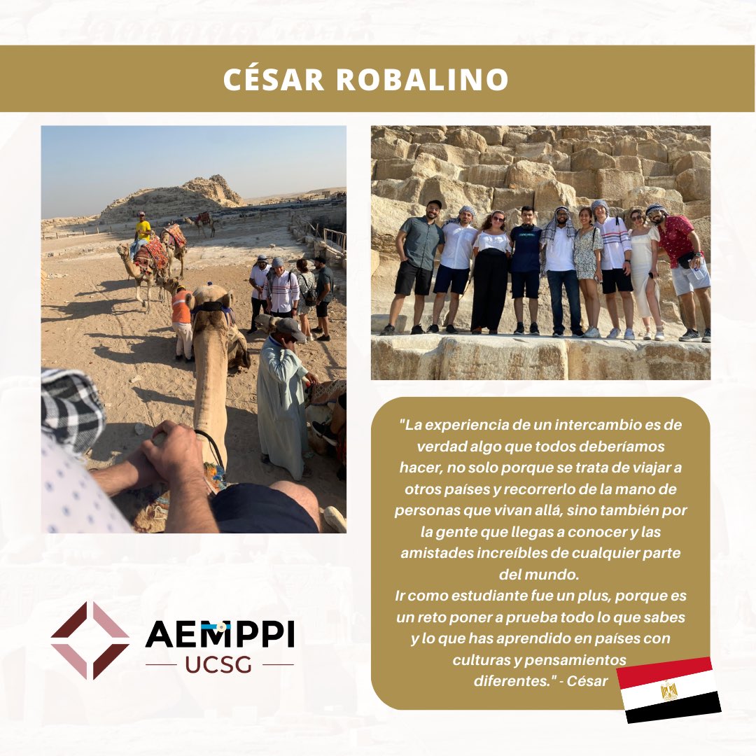 AemppiU's tweet photo. AEMPPI UCSG te comparte la experiencia de a Madelaine y Cesar en su intercambio SCOPE modalidad BETTER TOGETHER 🇪🇨 

Madelaine y Cesar realizaron su intercambio en Egipto en el pasado mes de agosto. 🇪🇬
Nos alegra ver como nuestros miembros activos cumplen sus sueños.✨ https://t.co/KZhQM4MHfK
