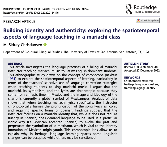 sidury's tweet photo. 🚨New research article on #chronotopes published in the IJBEB. "Building identity and authenticity: exploring the spatiotemporal aspects of language teaching in a mariachi class." 🤩 50 free copies. Here is a summary thread. @coehdresch_utsa @UTSACOEHD
https://t.co/Ksv1q7T7aj https://t.co/OxIQhKb1mU