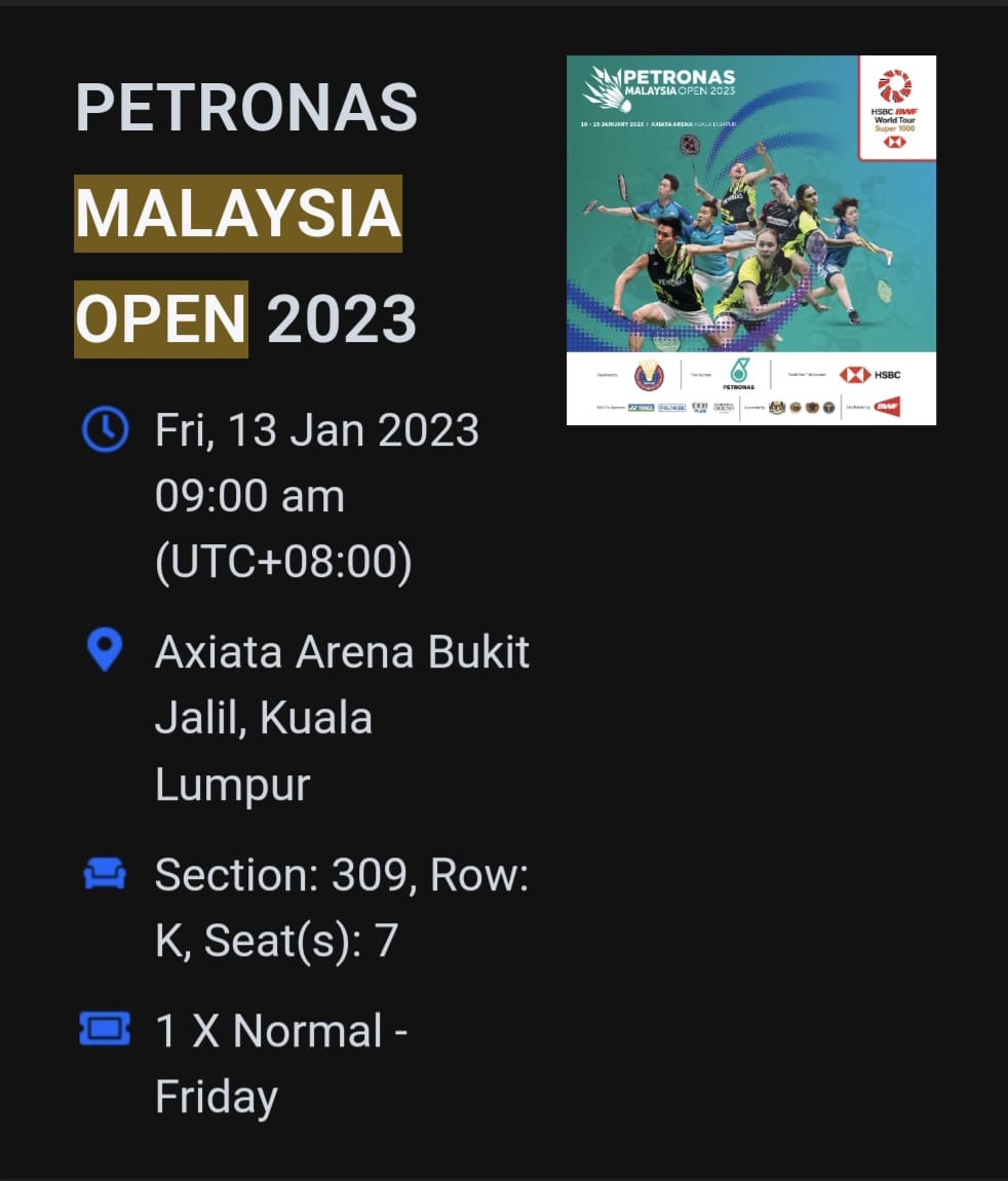 akemasyraf's tweet photo. WTS #PETRONASMalaysiaOpen2023 #PMO2023

1x PREMIUM B TICKET 

Friday (Quarter Final) 

Section 309, Row K, seat 7

Price: RM140

KINDLY DM TO BUY! https://t.co/YfApcbZFaZ