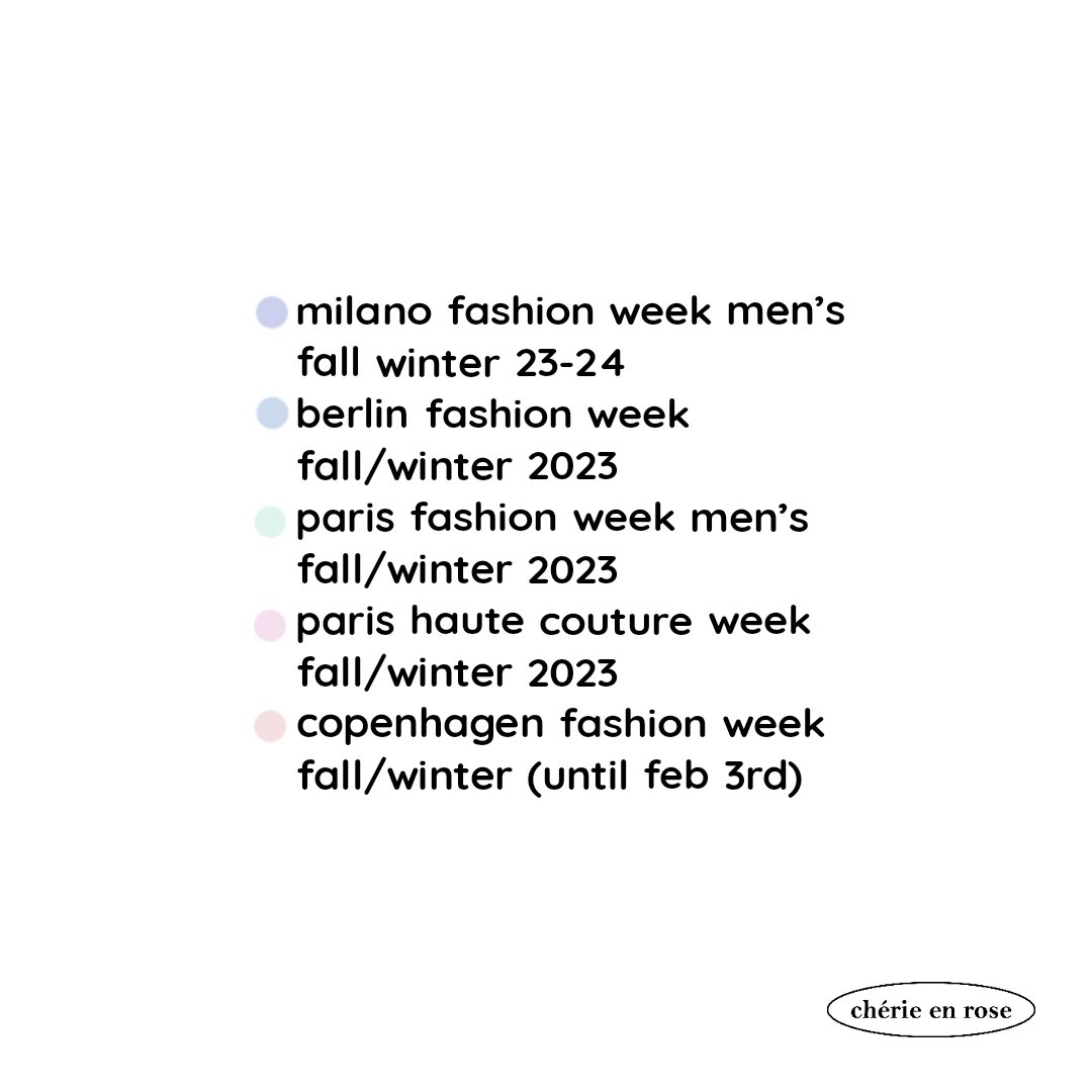 cherieenrosee's tweet photo. 🍒JANUARY FASHION WEEKS CALENDAR🍒
i did this so we don't miss all the upcoming amazing runways <3 @cameramoda @berlinfashionwe @cphfw @fhcm
#pfw #fashionweek #hftwt #hf #milanfw #hfweek https://t.co/iqRQKCrP4T
