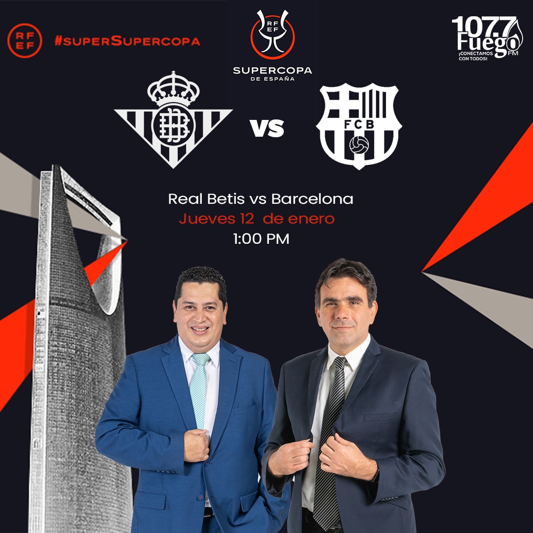 .Jueves 12 de Enero no te pierdas (((EN VIVO))) a la 1pm en <a href="/1077Fuego/">107.7 Fuego GMV</a> #SuperSupercopa 🇪🇸 Betis vs Barcelona con Roberto Avelar (@cravelar) y Claudio Martinez (<a href="/martinezchino/">Claudio Martínez</a>) ⚽️🏆🔥📻🎙