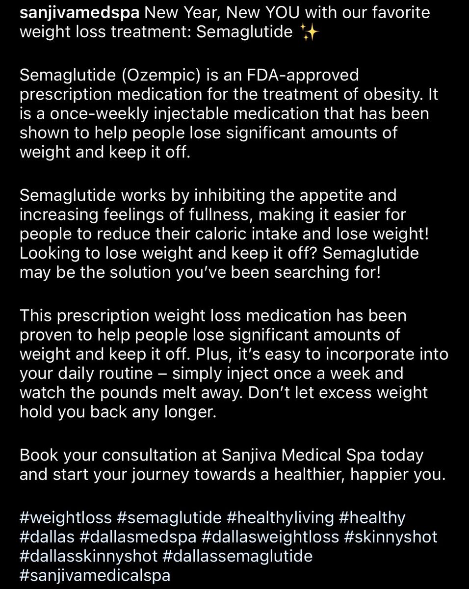 A med spa in my area is advertising Ozempic as a “skinny shot” and I’m frankly annoyed by this considering I have many patients with diabetes who actually need this medication aren’t able to get it 😡

I also don’t agree with medication for weight loss (except in some rare cases)