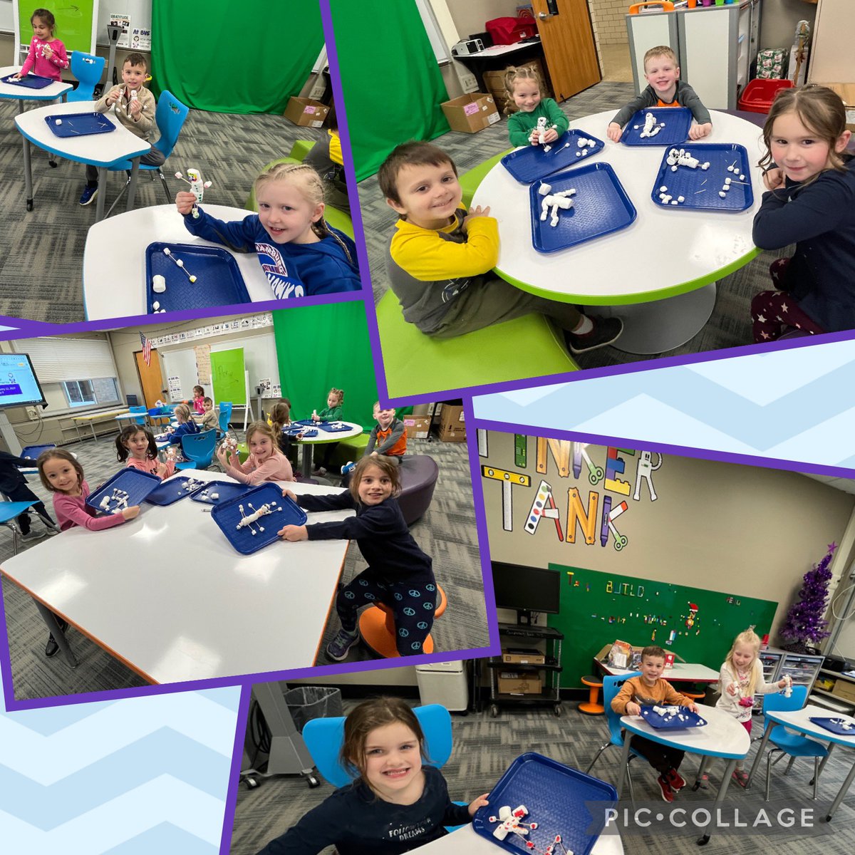 Tinker Tank! Used marshmallows and toothpicks to build our own snowmen and to tell stories. ⛄️ ❄️