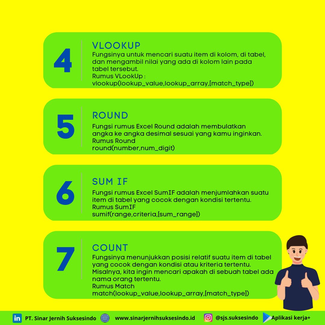 pt_sjs's tweet photo. Siapa nih yang masih kesulitan mengoperasikan rumus Ms. Excel? Nah biar ga bingung, berikut beberapa rumus Excel yang seharusnya kamu kuasai!

#SinarJernihSuksesindo #kerjaplus #karyawanlife #tipskerja #perusahaan #karyawanlife #skillexcel #tipsexcel #microsoftexcel #lokerSJS https://t.co/VWnQjGWRbs