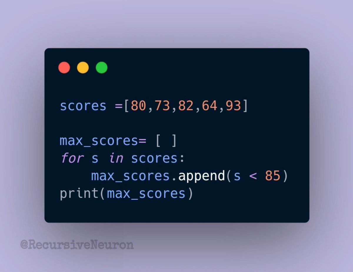 RecursiveNeuron's tweet image. Python quiz

What is the result

A. Invalid syntax, should use &apos;if&apos; for condition
B. [80,73,82,64]
C. [True, True, True, True, False]
D. [80]

#pythonquestion #python #python3 #pythonquiz #programmers