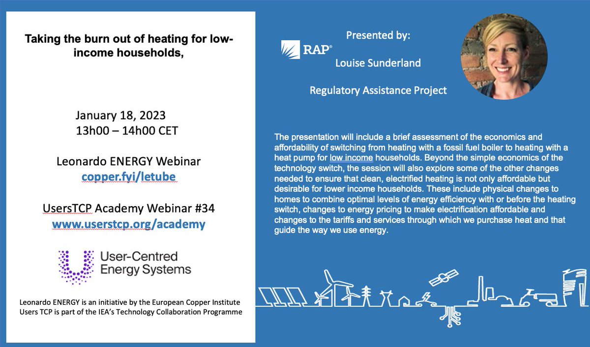 Our first webinar for 2023 - Taking the burn out of heating for low-income households. 
Join <a href="/sunderlandlouis/">Louise Sunderland, louisesunderland@bsky.social</a> from <a href="/RegAssistProj/">RAP</a> on January 18th at 1pm CET.
Register here bit.ly/3GDgHvH
