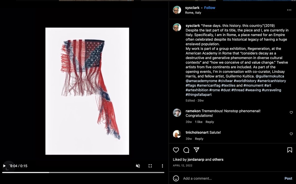 seimpreesnathan's tweet photo. @syclarkart's "These days, this history, this country" I believe this shows that America carries the same pain of the past- the pain that has torn the countries for centuries. So we all must heal the pain of the past and reweave America with new thread. #arth287artoninsta https://t.co/cGaCX8FTNr