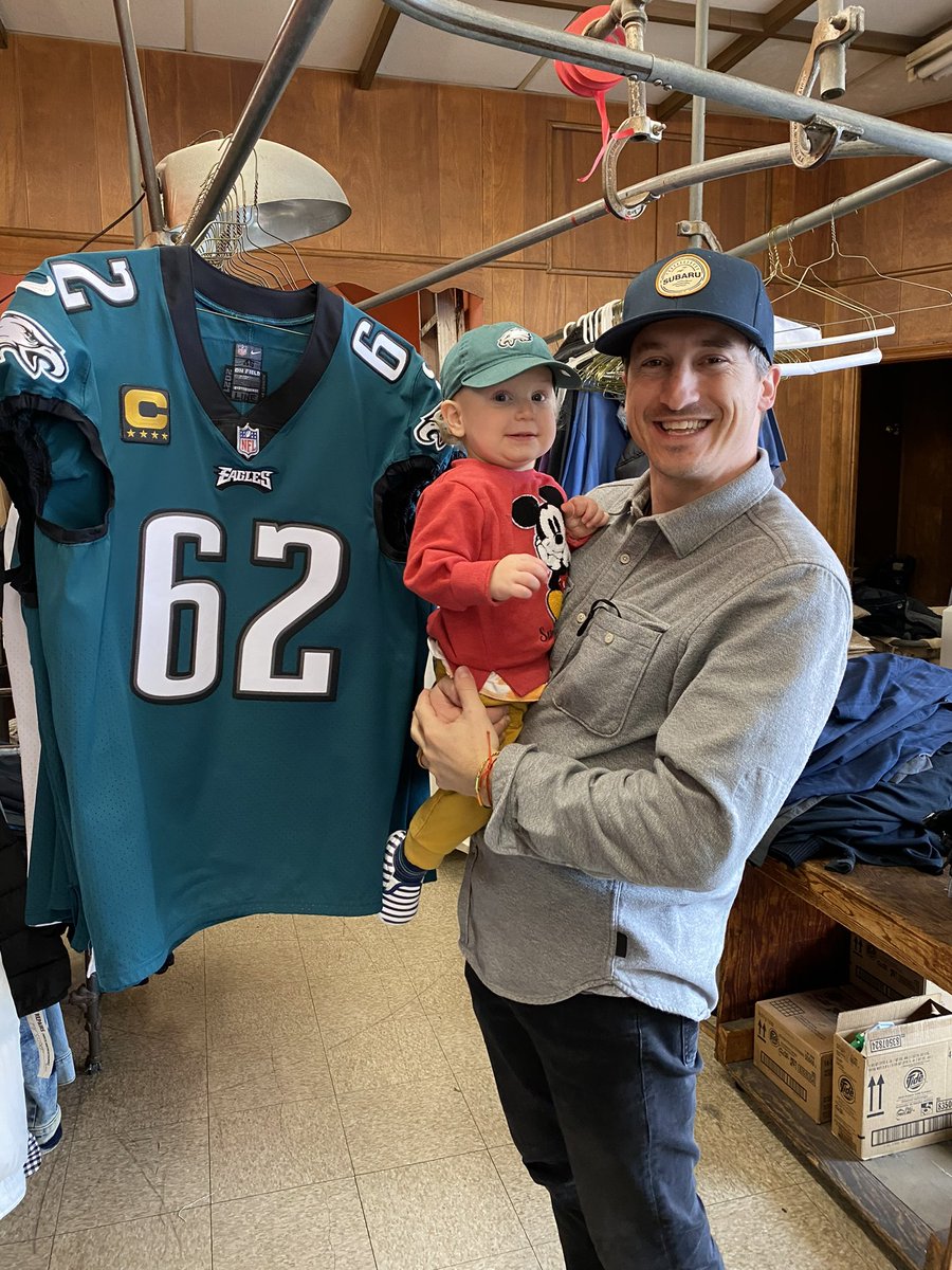 callmesuites's tweet photo. @JasonKelce my husband and son found out we use the same dry cleaners the team gets their jerseys cleaned at in South Philly. My son also shares a birthday with you so we had to get a picture with #62 !!! #GoBirds https://t.co/YOVIuJKvAE