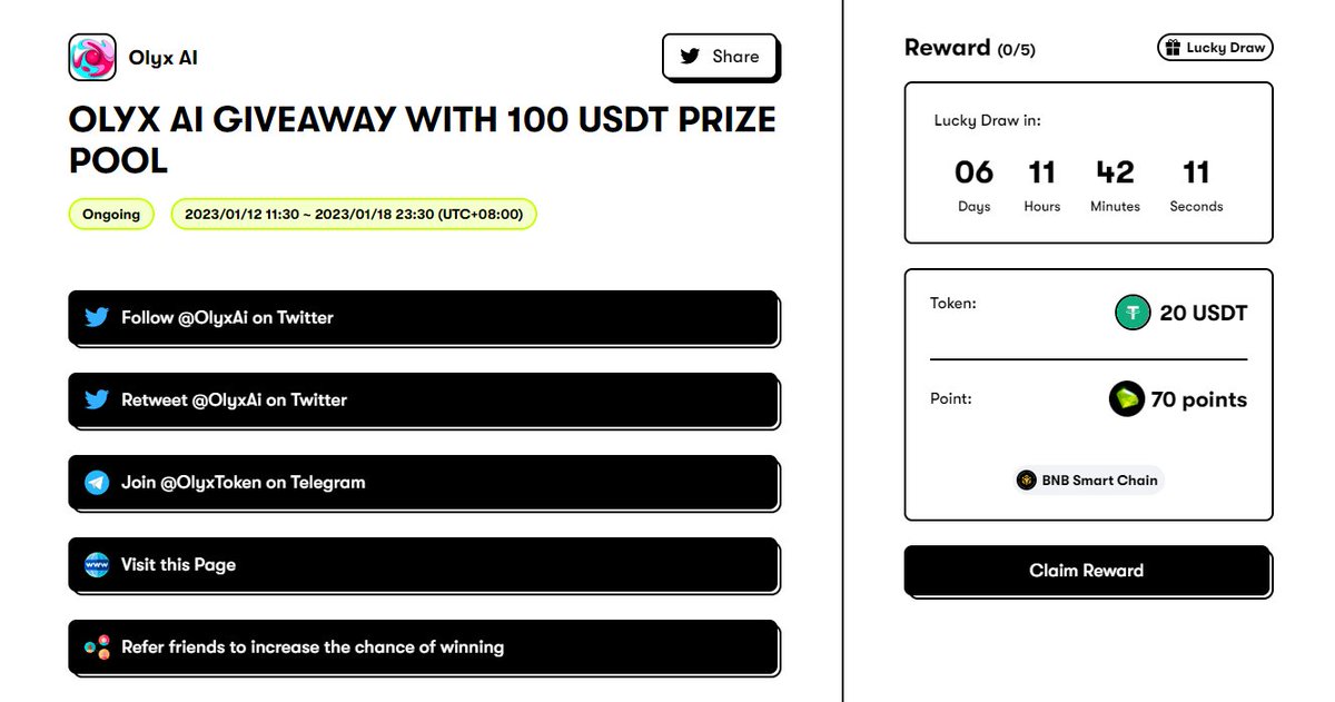 Check out the OLYX 100$ Giveaway! 

app.quest3.xyz/quest/72768839…

✅ Website : Olyx.ai
🕊 Youtube links : youtu.be/AMvwm8qUGJQ
📱Telegram: t.me/olyxtoken

#NFTs #BSCGems #Pinksale #ETH #GALA #CZBinance #OpenSeaNFT