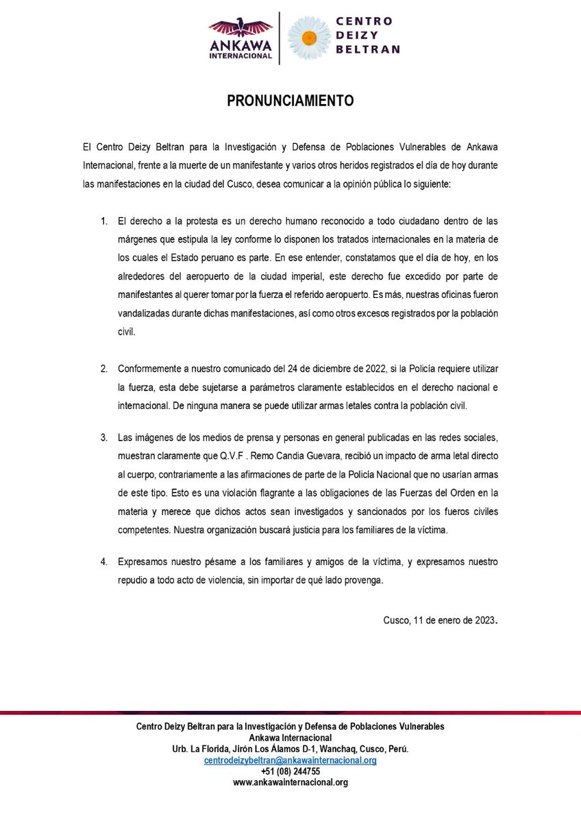 #CentroDeizyBeltran
#Pronunciamiento
#DerechosHumanos
#Cusco