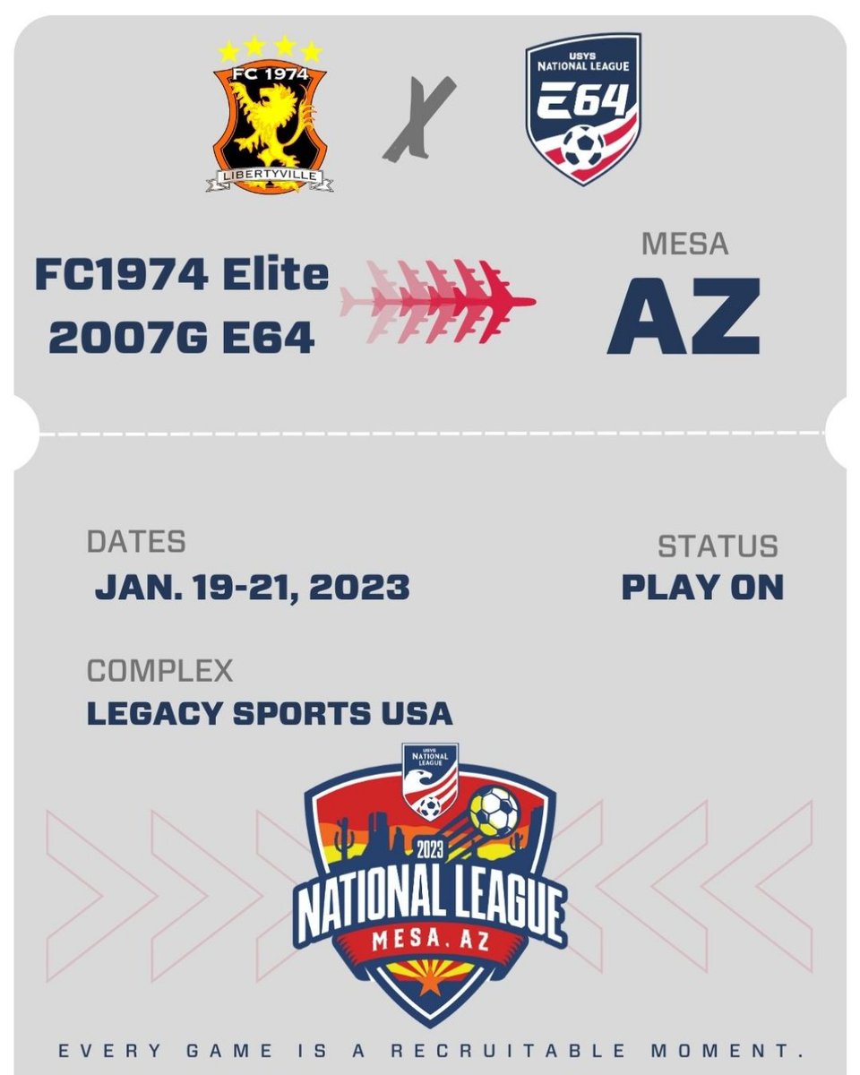 We can't wait to represent <a href="/FC1974GLSA/">GLSA FC 1974 Libertyville</a> at the <a href="/NationalLeague/">National League</a> E64 showcase in Mesa, AZ. 
Schedule coming soon! @ImcollegeSoccer @imyouthsoccer @usyouthsoccer #everymomentcounts #weare74 #e64 <a href="/CoachBMancill/">Bryan Mancill</a> <a href="/Smileski17/">Srgjan Smileski</a> <a href="/RainaSoccer/">Raina Schmitt</a> <a href="/SofiaOgren2025/">Sofia Ogren</a> <a href="/skylerFC1974/">Skyler Sullivan</a> <a href="/laurenthomey/">Lauren Thomey</a>