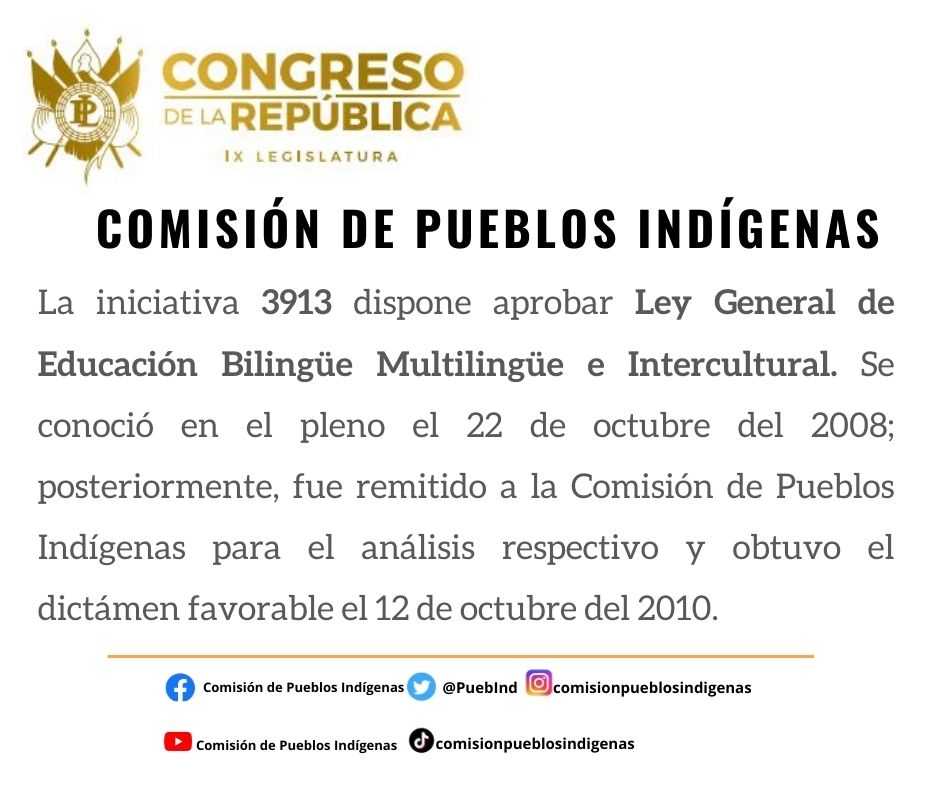 PuebInd's tweet photo. La Comisión de Pueblos Indígenas le recuerda el estado de la iniciativa 3913 centrada en la Ley General de Educación Bilinüe Multilingüe e Intercultural.

#ComisiónDePueblosIndígenas https://t.co/7ZvCe0GPLR