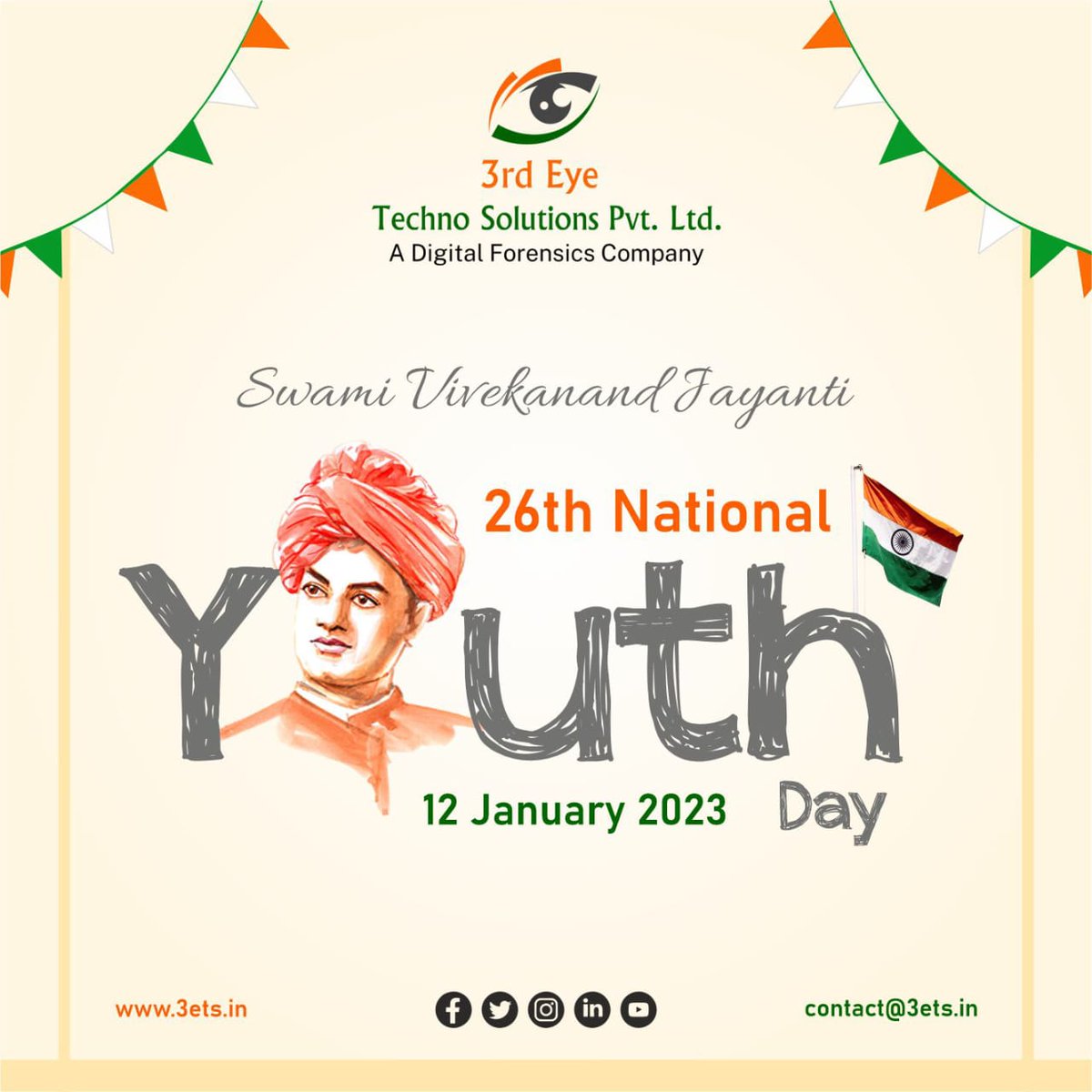 3ets_Forensics's tweet photo. Without empowering the youth of our country, We cannot think about progressing and growing. 
Happy 26th National Youth Day.
#NationalYouthDay #happyyouthday #youthday #swamivivekananda #vivekanand #youthdevelopment #youthempowerment #youthleadership #skillindia #india #team #3ets https://t.co/qjibcmz0bE