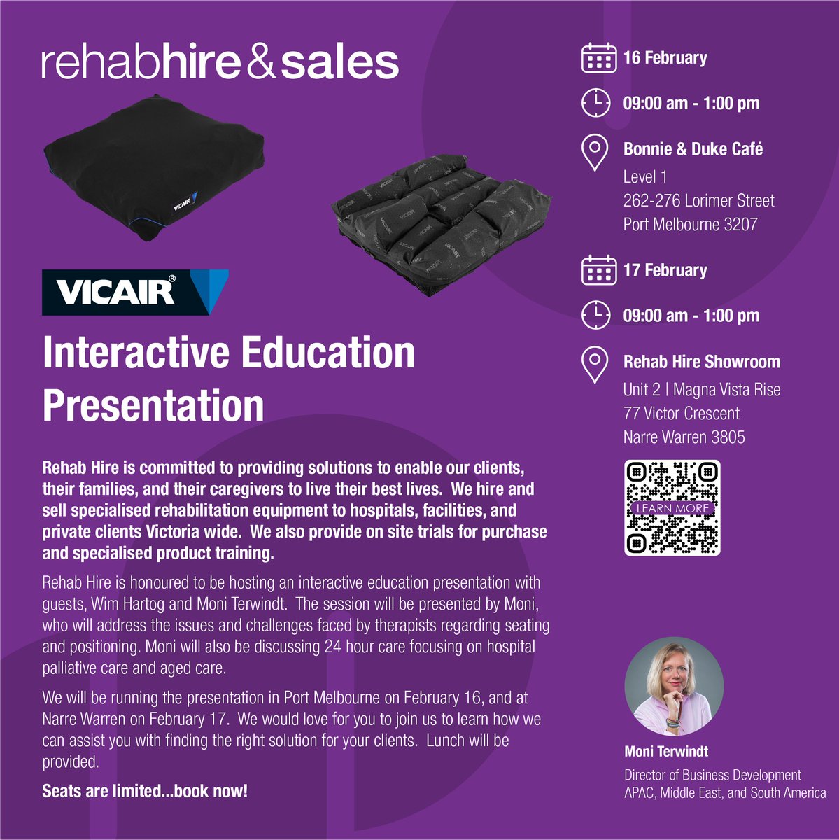 RehabHire_AUS's tweet photo. Rehab Hire is honoured to be hosting an interactive education presentation with
Vicair, addressing the issues and challenges faced by therapists regarding seating
and positioning.
.
.
.
.
#RehabHire #Vicair #SeatingandPositioning #LongTermCare #OccupationalTherapist #Disability https://t.co/Xd9FVHQC3V