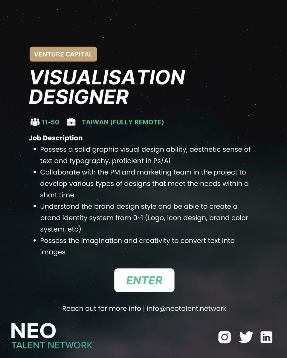 neoweb3co's tweet photo. Looking for a #visualization #designer for a #venturecapital company in Taiwan 🇹🇼 

Submit your CV on our website to apply 📬 

info@neotalent.network
More #Web3 Work Opportunities can be found on our Neo Job Board &amp; socials!

#Web3Hiring https://t.co/tT2S3llf6a