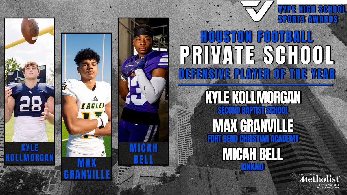vypehouston's tweet photo. It is awards season here at VYPE! Here are the finalists for Private School Football Defensive Player of the Year presented by @MethodistHosp!! Tune in tomorrow to find out the Player and Team of the Year #VYPEAwards https://t.co/FyFH9qLbzs