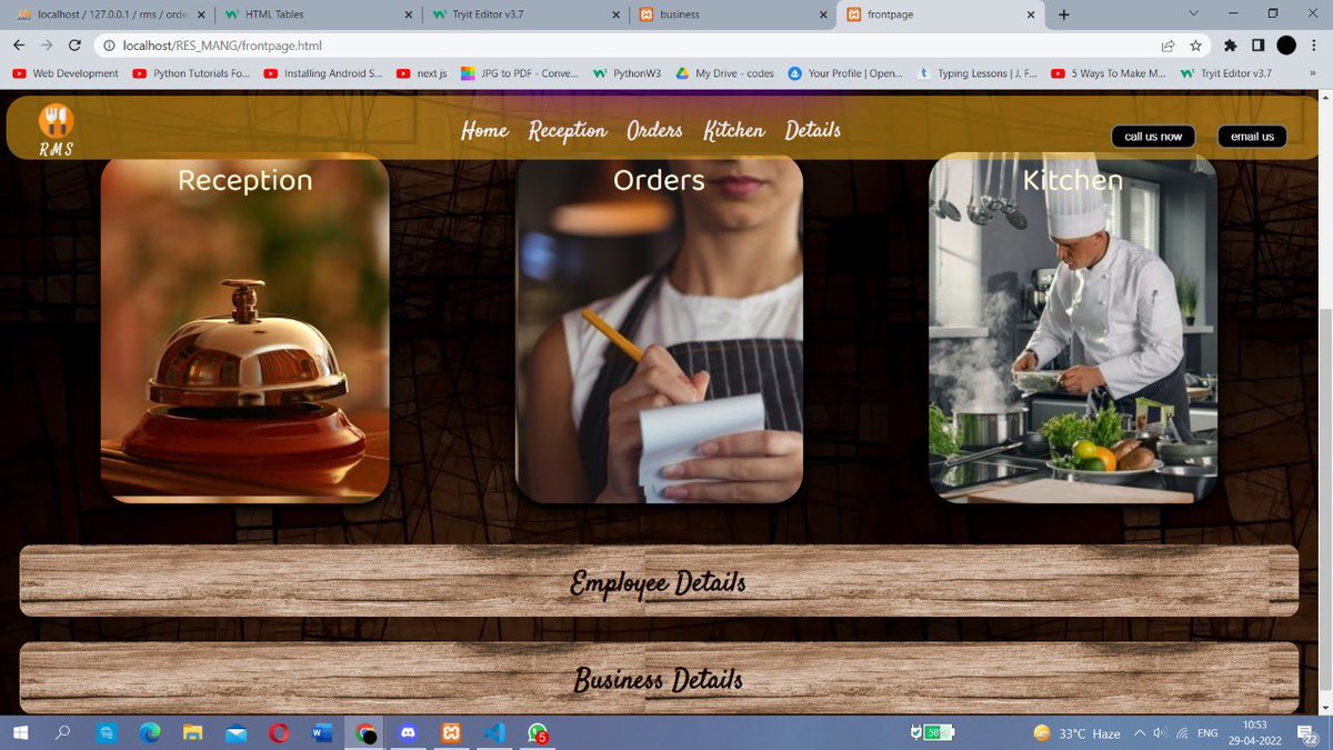 MirageNair's tweet photo. A Restaurant Management System website that me and my team created for the miniproject in our second year
    Complete built from ground up without using any css or javascript framework
    Every designing element used in this was pure css
 #javascript #css @w3schoolsonline https://t.co/xrpETciras