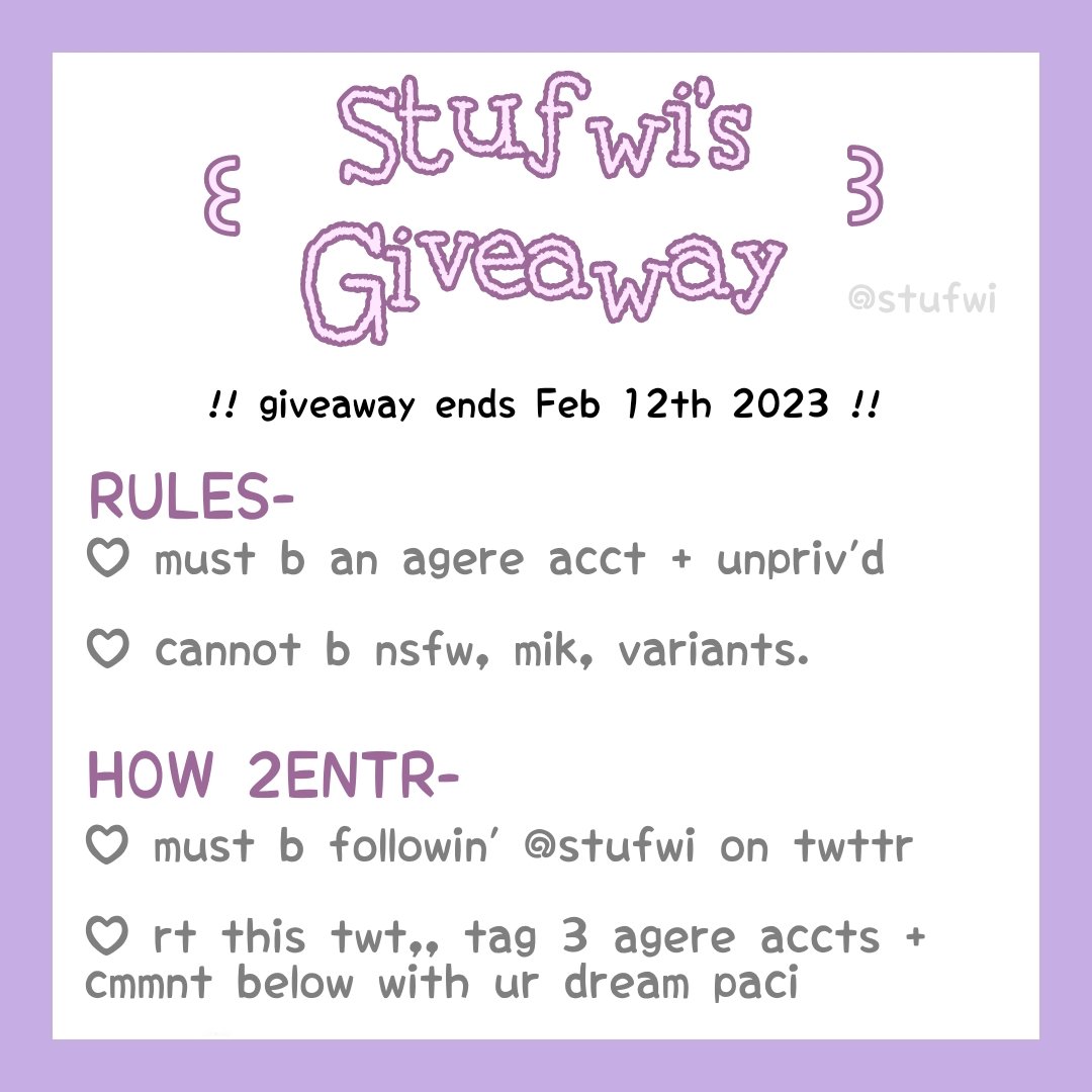 stufwi's tweet photo. bea's hostin an #agere
giveaway !! to entr
pls follw the steps 
below !! 
ㅤㅤ
giveaway ends:
12th Feb 2023 !!
ㅤㅤ❥winnrs will b
chosen shortly after
then !! (via randomisr)
ㅤㅤ
ty all again for
200 follows !! ᥫ᭡
ㅤㅤ─ #ageretwt #sfw
#ageregressor #littlespace https://t.co/9TOCv78rx7