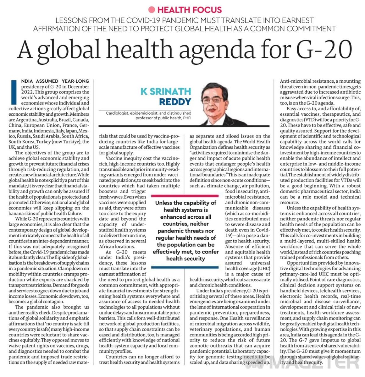 #G20India I  Prof. K. Srinath Reddy, "Lessons from the Covid-19 pandemic must translate into the earnest affirmation of the need to protect global health as a common commitment." <a href="/mansukhmandviya/">Dr Mansukh Mandaviya</a> <a href="/g20org/">G20 South Africa</a> <a href="/MoHFW_INDIA/">Ministry of Health</a> <a href="/amitabhk87/">Amitabh Kant</a>  <a href="/lavagarwal/">lavagarwal</a> #G20IndiaPresidency