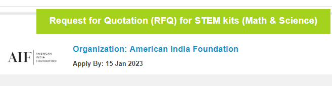 NGOBOX's tweet photo. #RequestforQuotation American India Foundation invites RFQ for STEM kits (Math &amp; Science)
Deadline: 15 Jan 2023
Apply: https://t.co/oYzsCc9jpp https://t.co/uy3KCHuRtJ