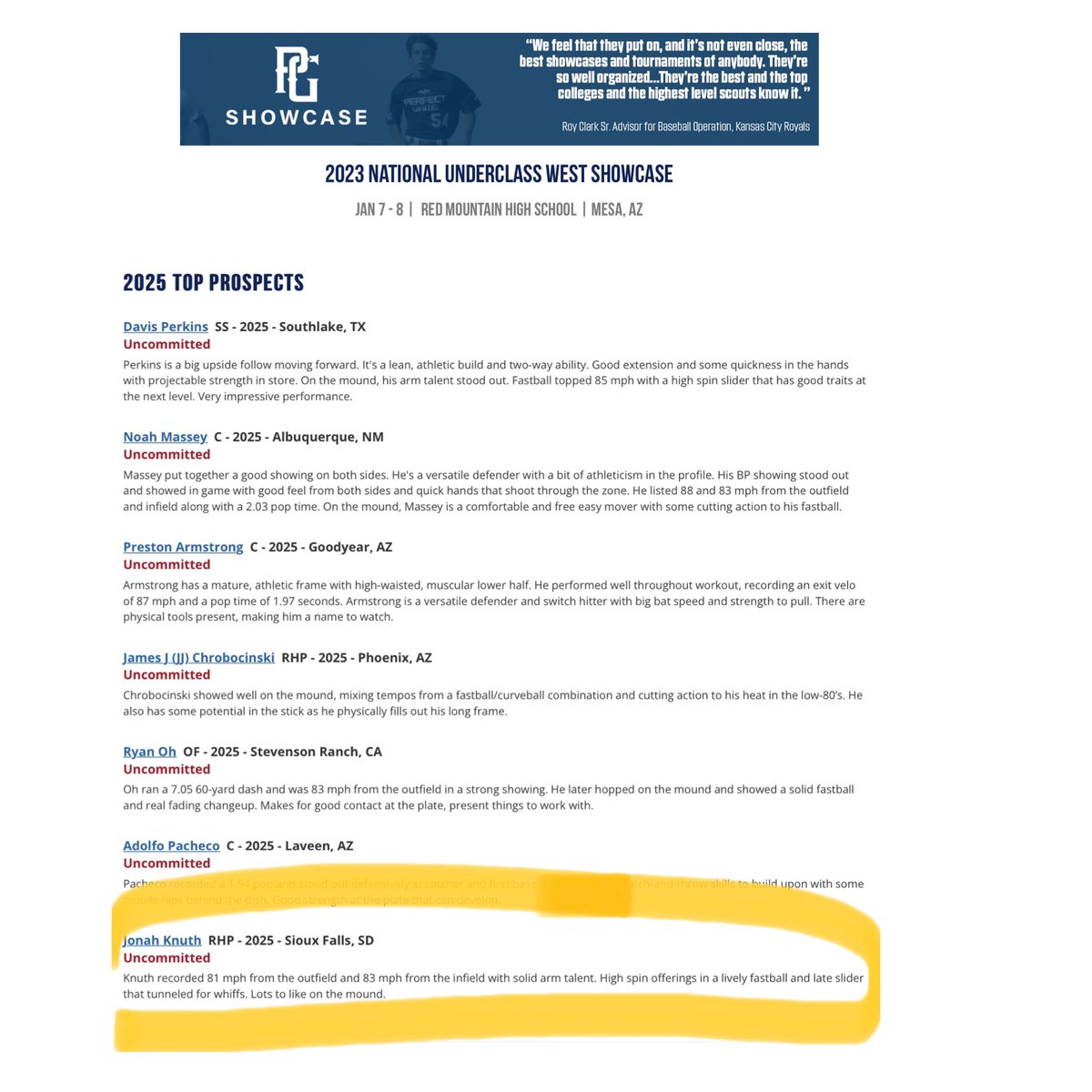 Honored to be 1 of the 7 players named to the Perfect Game 2025 TOP PROSPECTS by <a href="/PGShowcases/">PG Showcases</a> during 2023 National Underclass West Showcase in Mesa, AZ
83 MPH Fastball 3rd Fastest ’25
2376 RPM Spinrate 1st Fastest ANY AGE
83 MPH Infield Velo 2nd Fastest ’25
<a href="/HBA57032/">Harrisburg Baseball</a> <a href="/krisregas/">Kris Regas, CSCS</a>