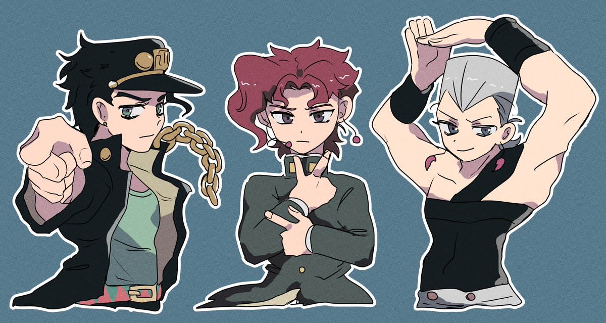 jean pierre polnareff ,kakyoin noriaki ,kujo jotaro jojo pose 3boys male focus multiple boys gakuran pointing earrings  illustration images