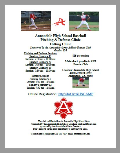 Atoms_Baseball's tweet photo. Sunday Youth Camps are starting this week, Jan. 15. Come get ready for your season at Annandale. @ANSLL #MDLL https://t.co/kqJcLedyIU