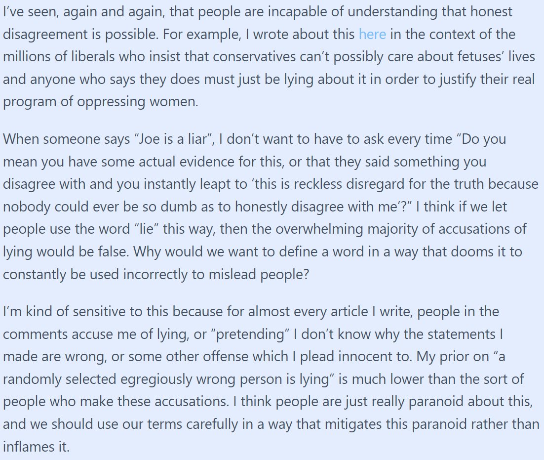 shorewalker1's tweet image. Astral Codex Ten (Scott Alexander) at his best, discussing why so many people believe "the #media" often lie: "I’ve seen, again and again, that people are incapable of understanding that honest #disagreement is possible."
astralcodexten.substack.com/p/highlights-f…