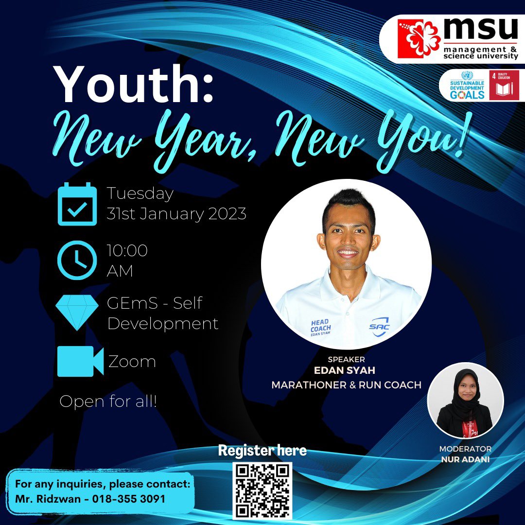 edansyah_'s tweet photo. YOUTH: NEW YEAR, NEW YOU! 🌺

Thank you @MSUscd Student &amp; Career Development (SCD) for the opportunity. I am looking forward to empower the #MSUrians and the youth in 2023! @MohdShukriYajid @drosliyusof @YayasanMSU @MsumalaysiaS @msucedec 

#MSUfit #msumalaysia #sacruncoach https://t.co/QRpXVv6bO7