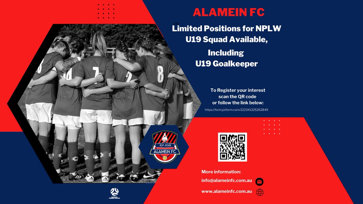 FCAlamein's tweet photo. Alamein FC has limited positions available for its U19 Squad. We are also seeking expressions of interest for an U19 Goalkeeper

 Register your interest by scanning the QR code above or follow this link:

https://t.co/CE5zTzOuuc https://t.co/Hf3uEZyOhR