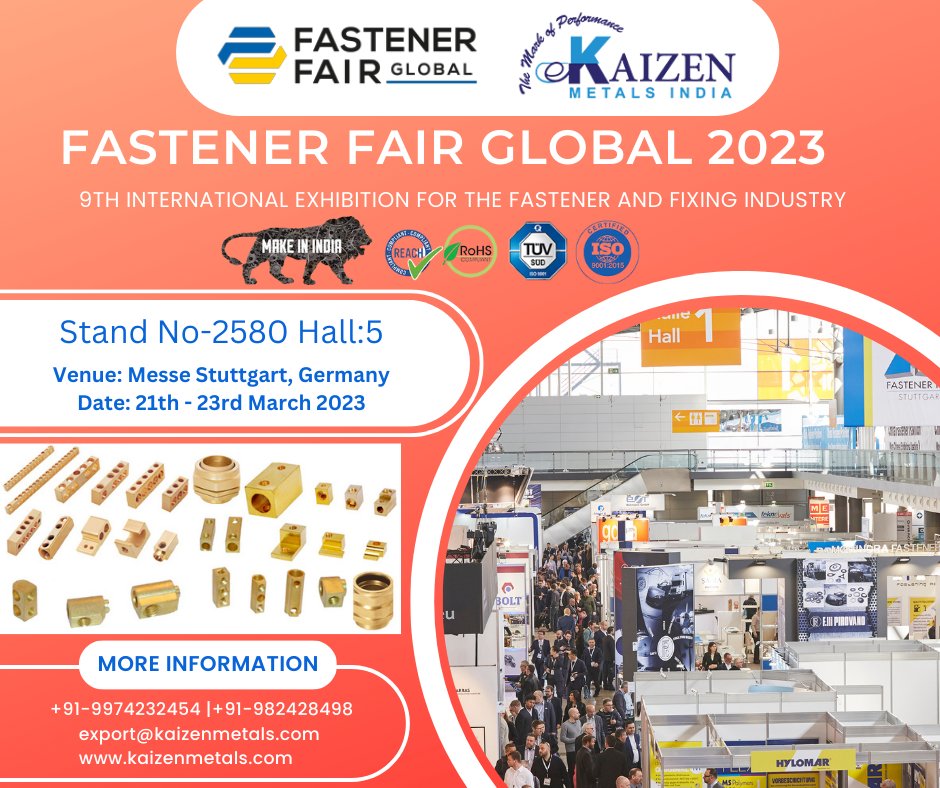 kaizenmetals1's tweet photo. #fastenerfairglobal
9th International Exhibition for the Fastener and Fixing Industry
Join Us Stand No-2580 Hall:5
Date: 21th - 23rd March 2023
#Venue: Messe Stuttgart, Germany
#Email: export@kaizenmetals.com
#Callus: +91-9974232454 | 9824284984
#FastenerFairGermany https://t.co/6JCp92SCgx