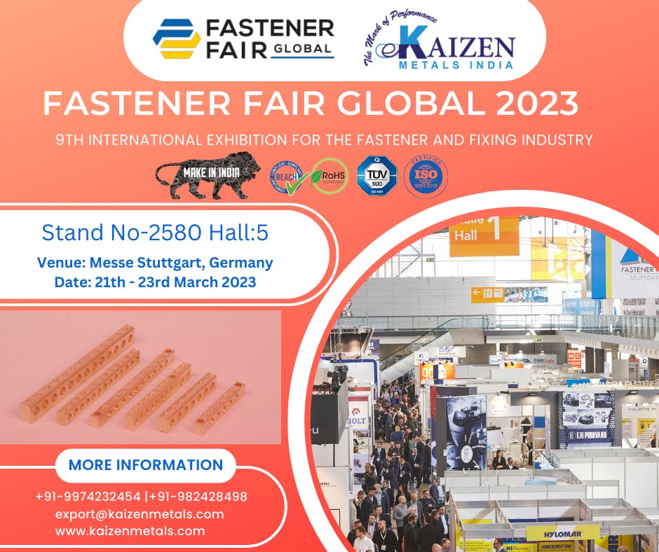 kaizenmetals1's tweet photo. #fastenerfairglobal
9th International Exhibition for the Fastener and Fixing Industry
Join Us Stand No-2580 Hall:5
Date: 21th - 23rd March 2023
#Venue: Messe Stuttgart, Germany
#Email: export@kaizenmetals.com
#Callus: +91-9974232454 | 9824284984
#FastenerFairGermany https://t.co/U2dhw0afBa