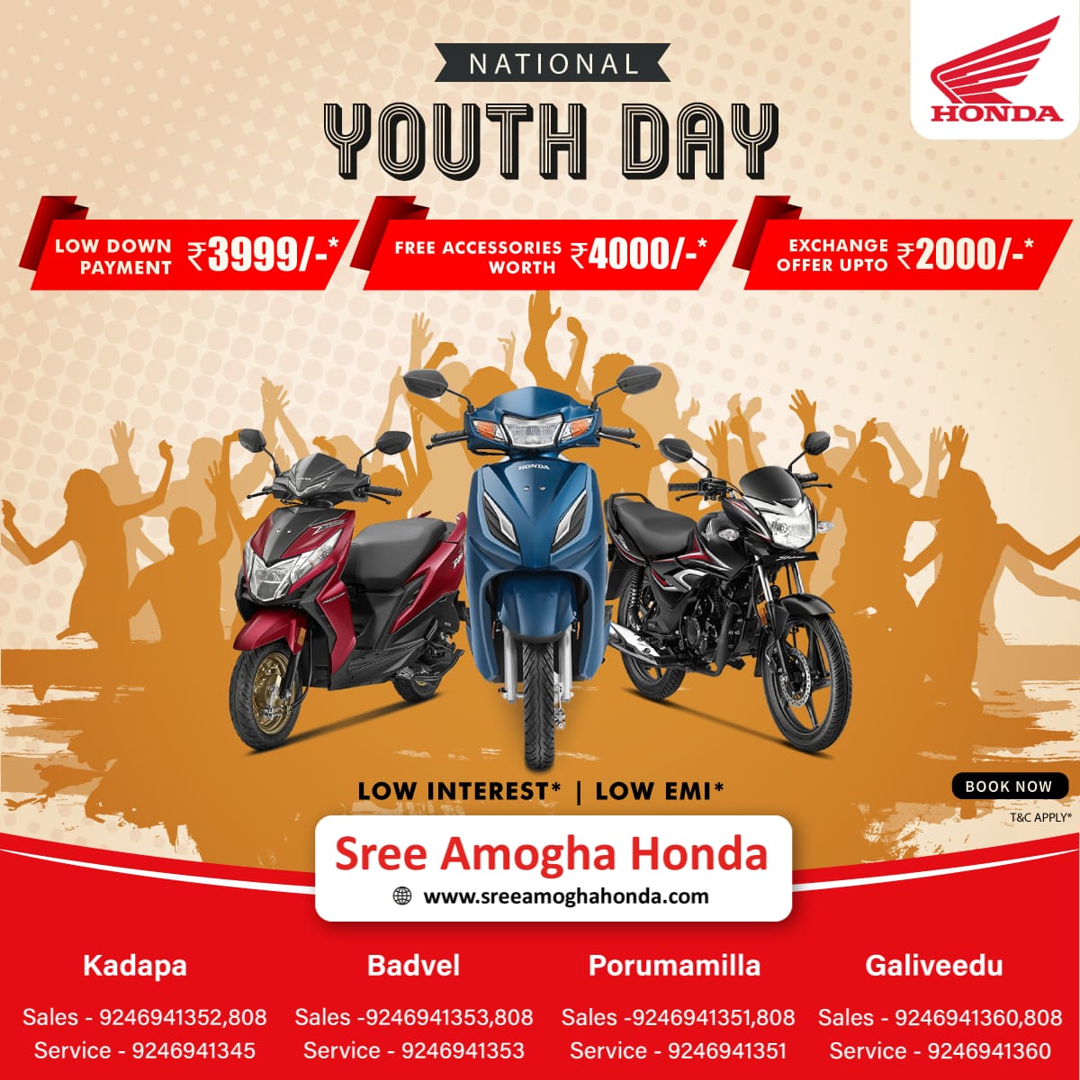 To the heroes of tomorrow, to the energies that will define the future. Wishing you a very warm and Happy National Youth Day.
Presenting #HondaScooters or #HondaBike with a
✅Low Down of just ₹3999/-*
✅Free Accessories worth ₹4000/-*
✅Exchange offer upto ₹2000/-*
