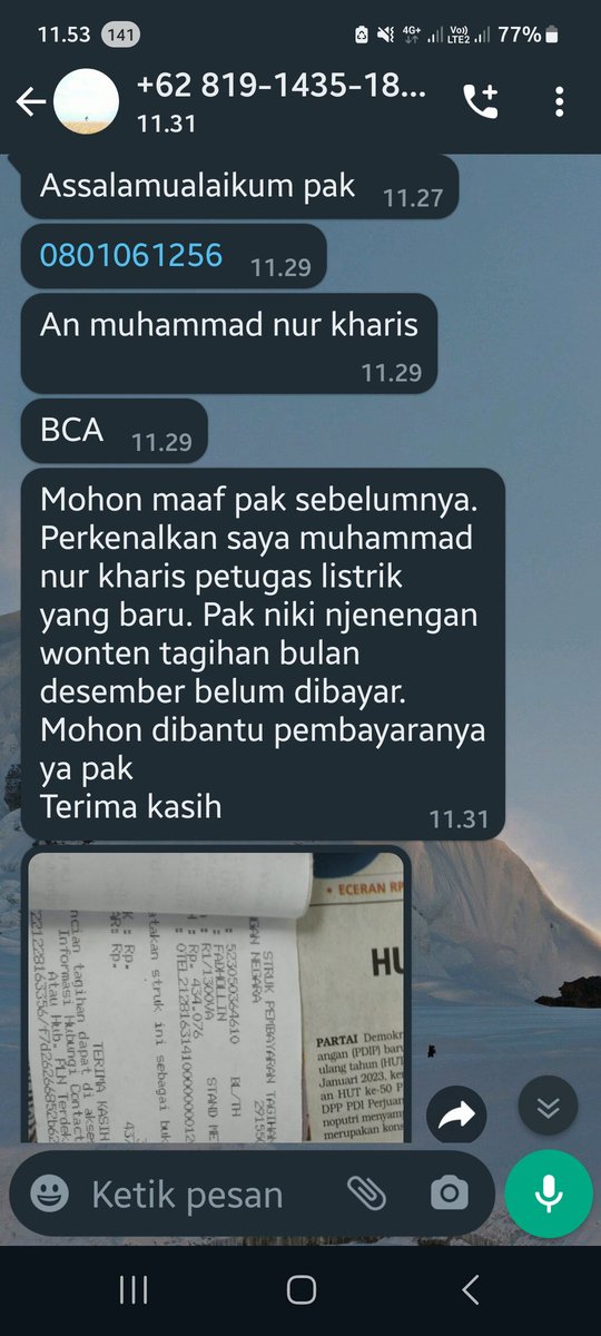 hyund's tweet photo. @pln_123 halo ini saya dpt wa yg mengaku petugas PLN, yg menagih tagihan PLN, padahal sdh membayar
Apakah ini petugas PLN?
Selama ini tdk prnah dpt sprti ini
Mohon klsrifikasinya https://t.co/otjYwDhmSV