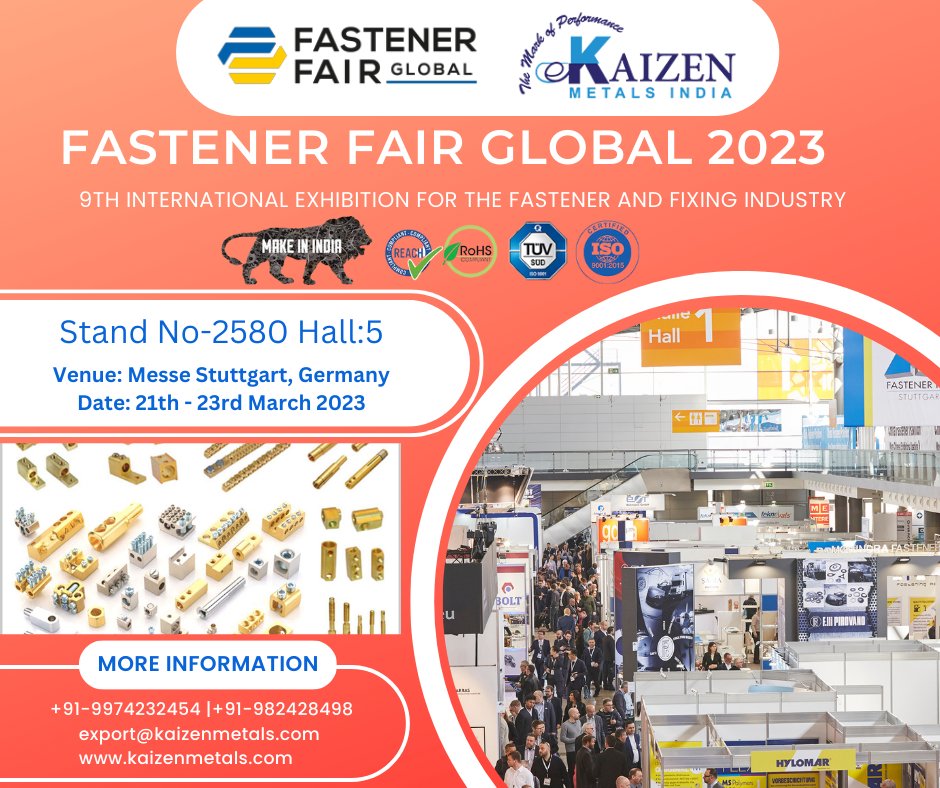 kaizenmetals1's tweet photo. #fastenerfairglobal
9th International Exhibition for the Fastener and Fixing Industry
Join Us Stand No-2580 Hall:5
Date: 21th - 23rd March 2023
#Venue: Messe Stuttgart, Germany
#Email: export@kaizenmetals.com
#Callus: +91-9974232454 | 9824284984
#FastenerFairGermany https://t.co/tY0e2fmv8X
