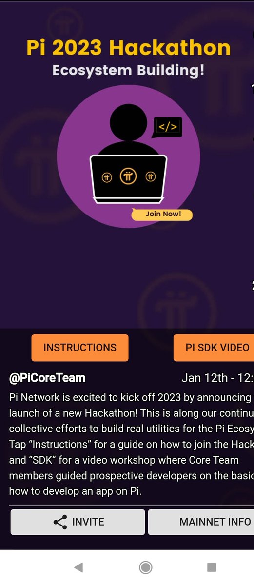 Tokenized99's tweet photo. New Pi app Homescreen update: Instructions on how to join the Pi Hackathon. $15 000 for the Overall winner and 100 Pi for eligible participants. RETWEET ❤️ @IvanGan29608955 @ShibuKGeorge09 @STFoo3 @PiUSA16 @BlackBlade2020  @jamila_go @Crypto__Diva @Bitboy_Crypto #PiNetwork https://t.co/qnfncrLCGt