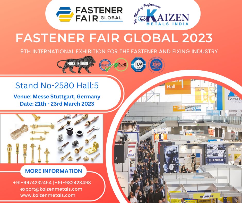 kaizenmetals1's tweet photo. #fastenerfairglobal
9th International Exhibition for the Fastener and Fixing Industry
Join Us Stand No-2580 Hall:5
Date: 21th - 23rd March 2023
#Venue: Messe Stuttgart, Germany
#Email: export@kaizenmetals.com
#Callus: +91-9974232454 | 9824284984
#FastenerFairGermany https://t.co/TuQ6Navhcl