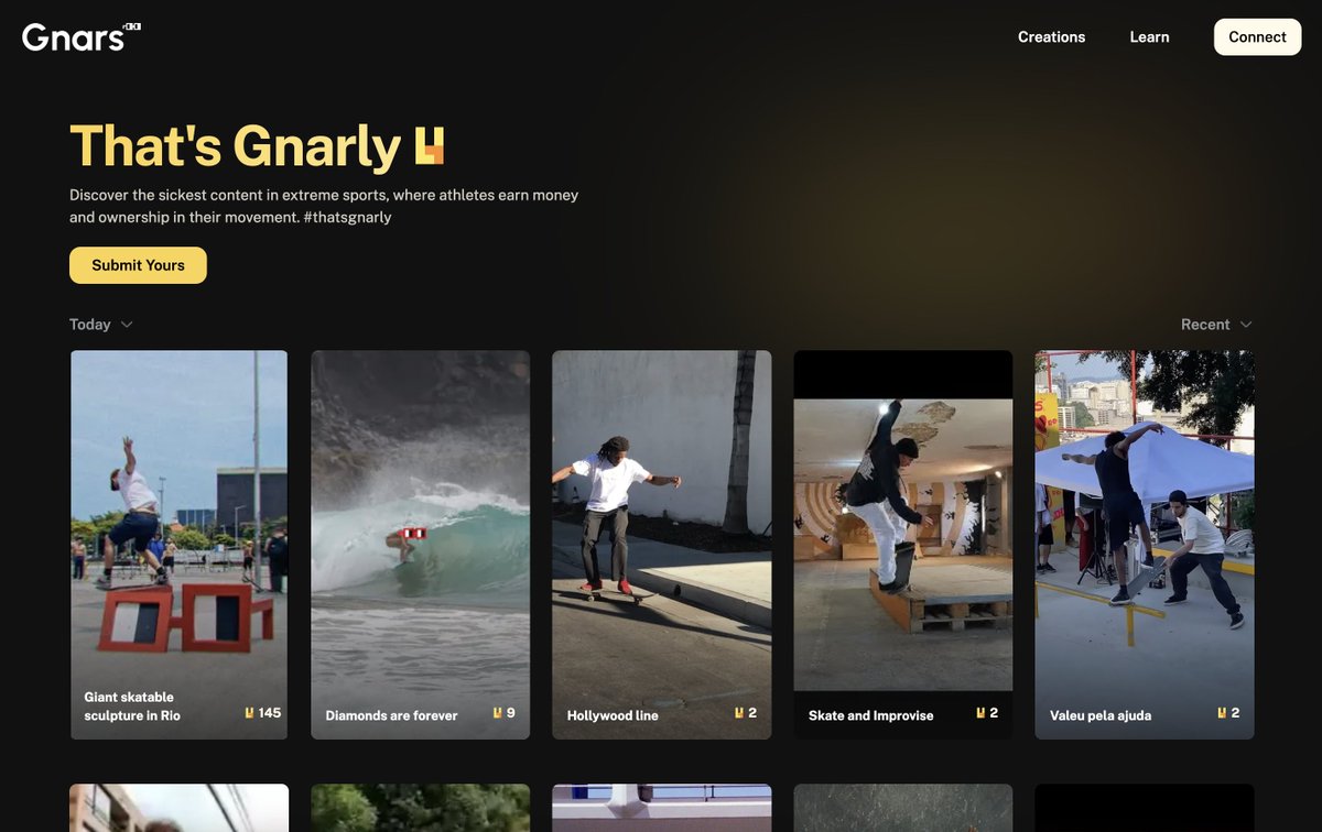 Let's make history, together!

Stoked to announce <a href="/thatsgnar_ly/">That's Gnarly</a> is now live and open for content submissions 🤘

Gnars holder curated action sports media, as open edition drops everyday, forever ✨

Think "Top Shot for extreme athletes" but revenue split 50/50 with DAO/creator ⤵️