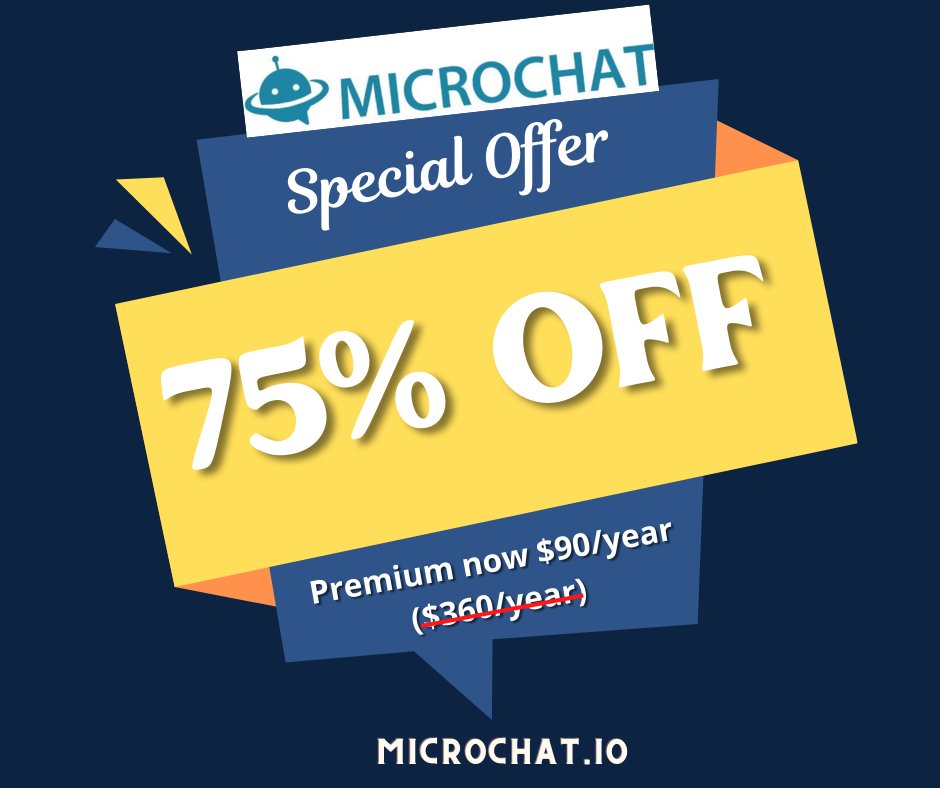 Microchat1's tweet photo. We are offering a promotion 👉 to give a year of Premium plan (Plan 5) just $90/yearly (normally $369/yearly). 
🔹 Linked to any websites 😍
🔹 Connect up to 5 active agents 🙍‍♀️
🔹 Connect to a live chat 🥰
Claim your discount today! 🧲
https://t.co/UwBW5Czh9v https://t.co/KtuZCOiWQH